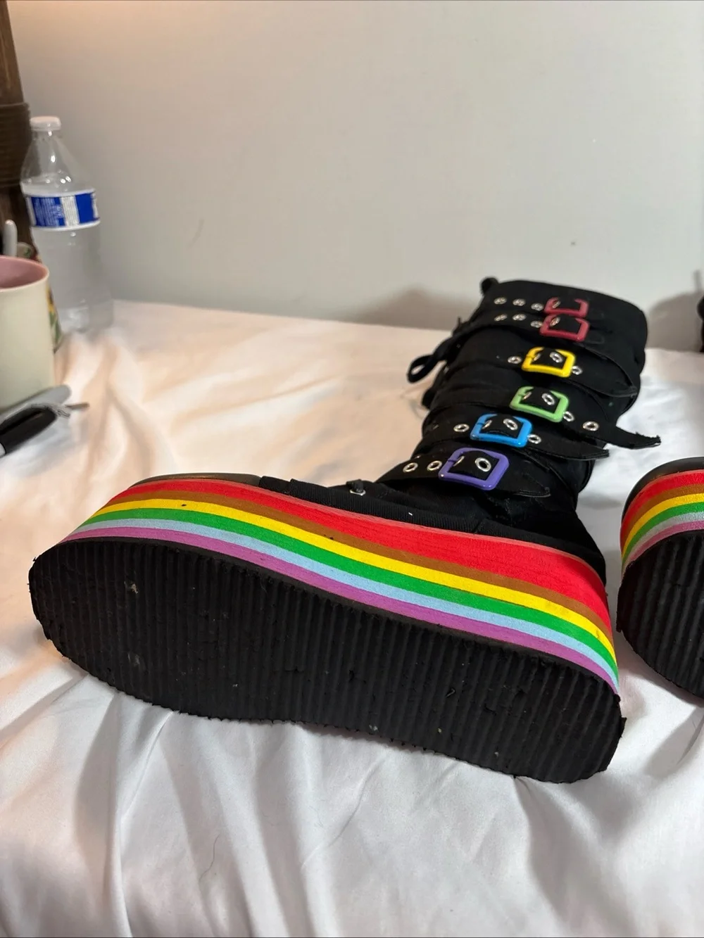 Black Lace-Up Platform Boots with Rainbow Sole